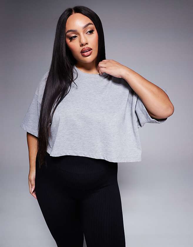 asos 4505 Curve Icon heavyweight cotton cropped t-shirt with quick dry finish in grey marl