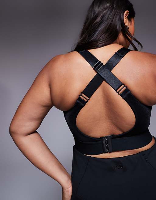 Asos 4505 Curve Icon High Support Zip Front Sports Bra With Adjustable Straps And Removable Padding In Black High Shine