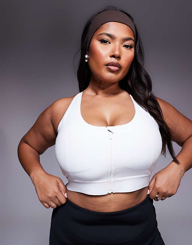 asos 4505 Curve Icon high support zip front sports bra with adjustable straps and removable padding in white