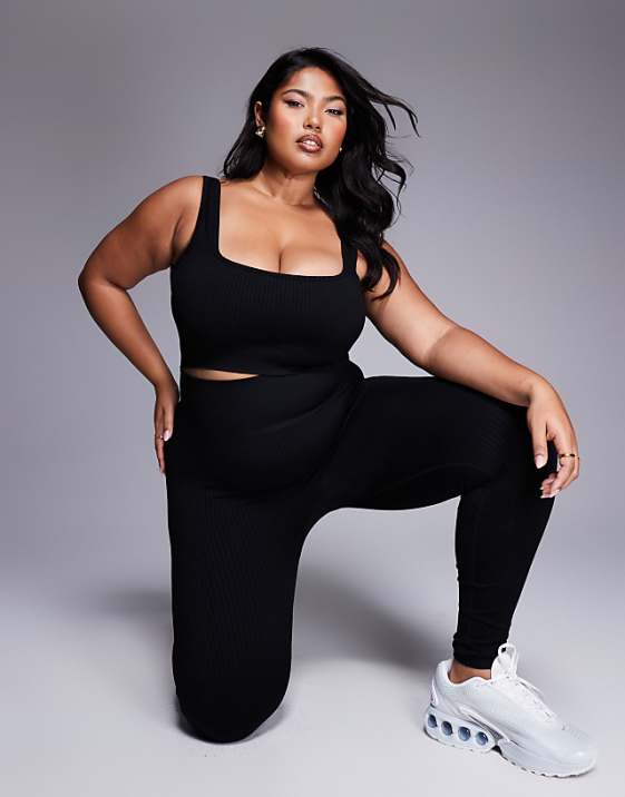 asos 4505 Curve Icon mid impact seamless rib sports bra with square neck in black