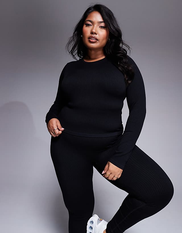 Asos 4505 Curve Icon Seamless Rib Long Sleeve Top In Black