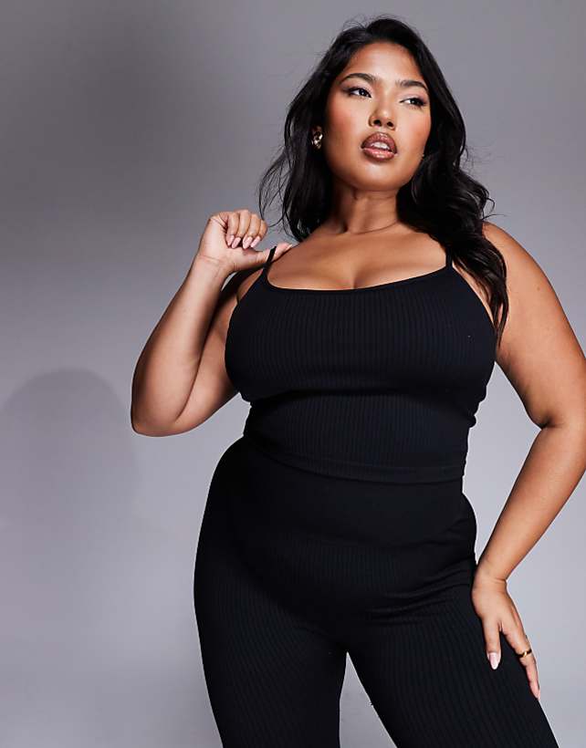 asos 4505 Curve Icon seamless rib yoga vest with inner bra in black