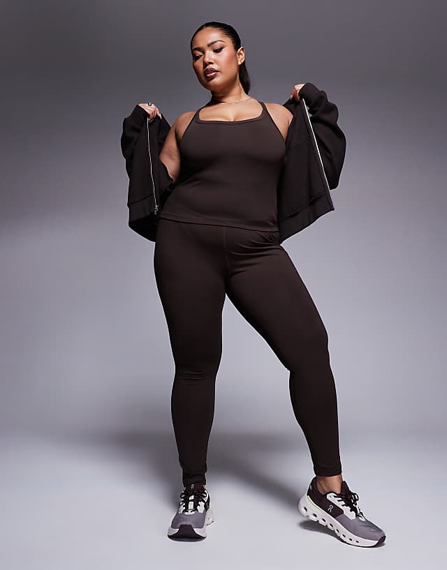 asos 4505 Curve Icon soft touch yoga cami with inner bra and adjustable straps in chocolate