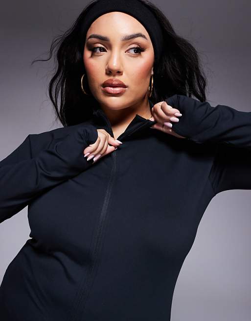 Asos 4505 Curve Icon Soft Touch Zip Up Performance Long Sleeve Top In Black