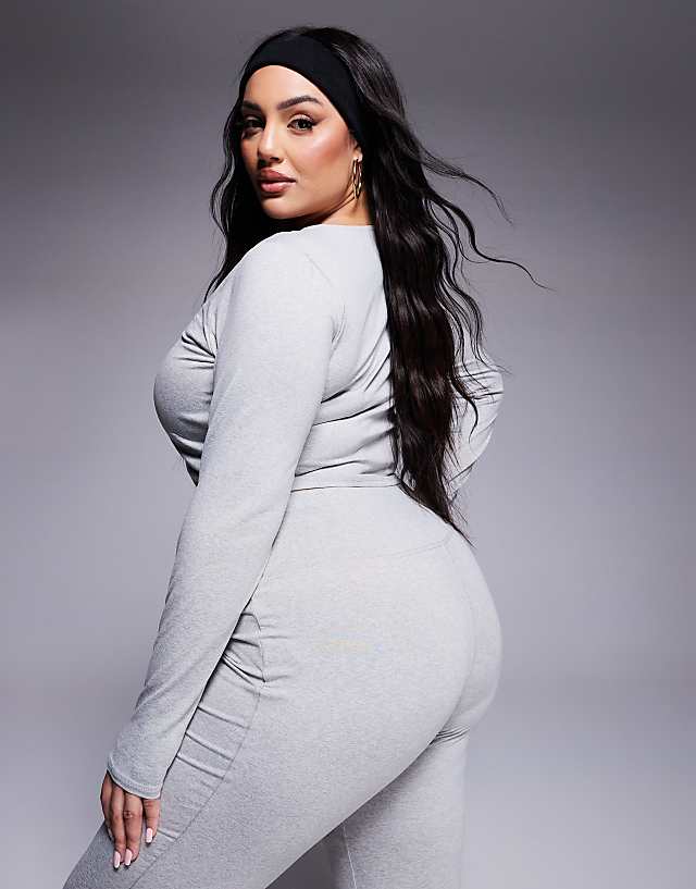 Asos 4505 Curve Ruched Front Long Sleeve Active Top In Grey Marl