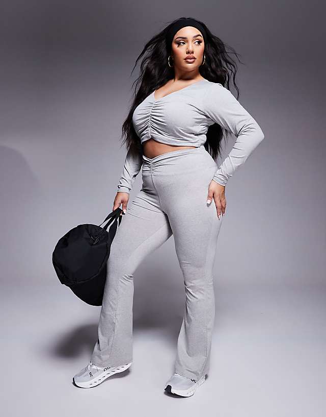 Asos 4505 Curve Ruched Front Long Sleeve Active Top In Grey Marl