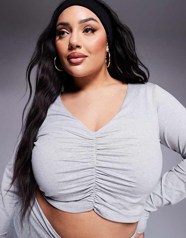 Asos 4505 Curve Ruched Front Long Sleeve Active Top In Grey Marl