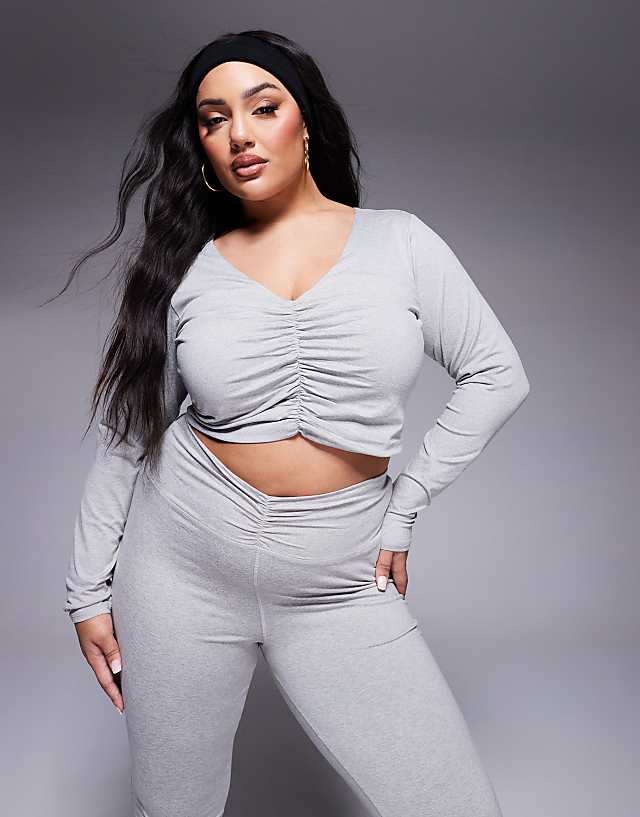 asos 4505 Curve ruched front long sleeve active top in grey marl