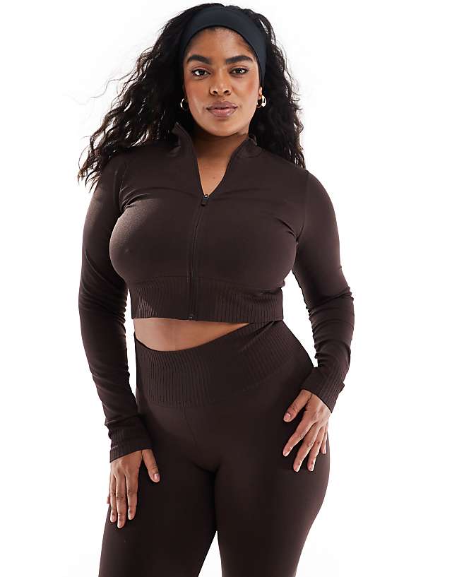 Asos 4505 Curve Seamless Fitted Zip Up Track Top In Chocolate