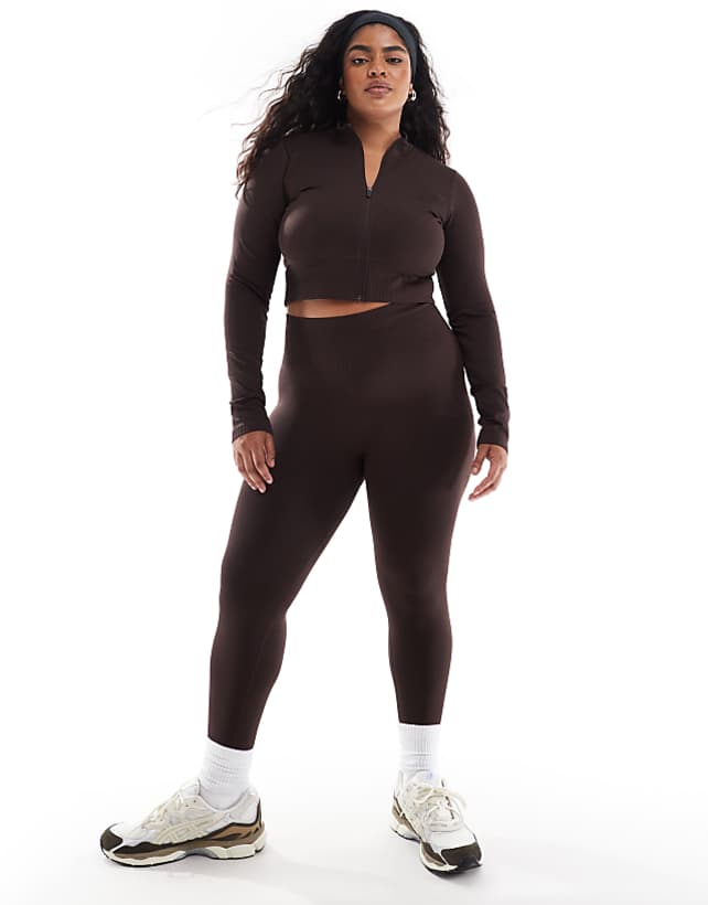 asos 4505 Curve seamless fitted zip up track top in chocolate