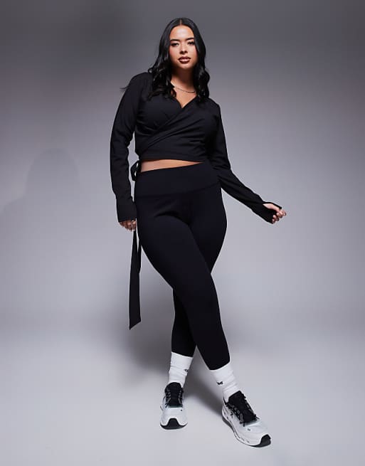 Asos 4505 Curve Soft Touch Ballet Wrap Long Sleeve Top In Black
