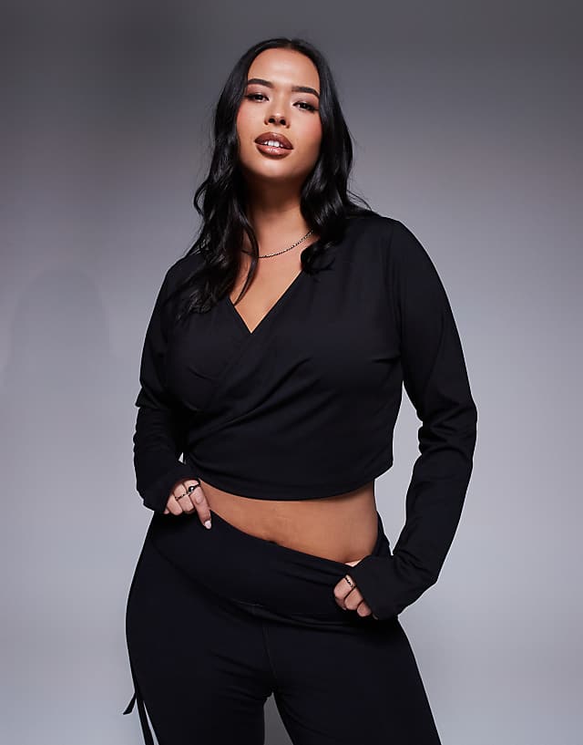 asos 4505 Curve soft touch ballet wrap long sleeve top in black