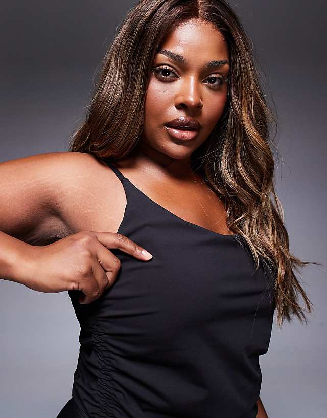 Asos 4505 Curve Soft Touch Cami With Ruched Side And Inner Bra In Black
