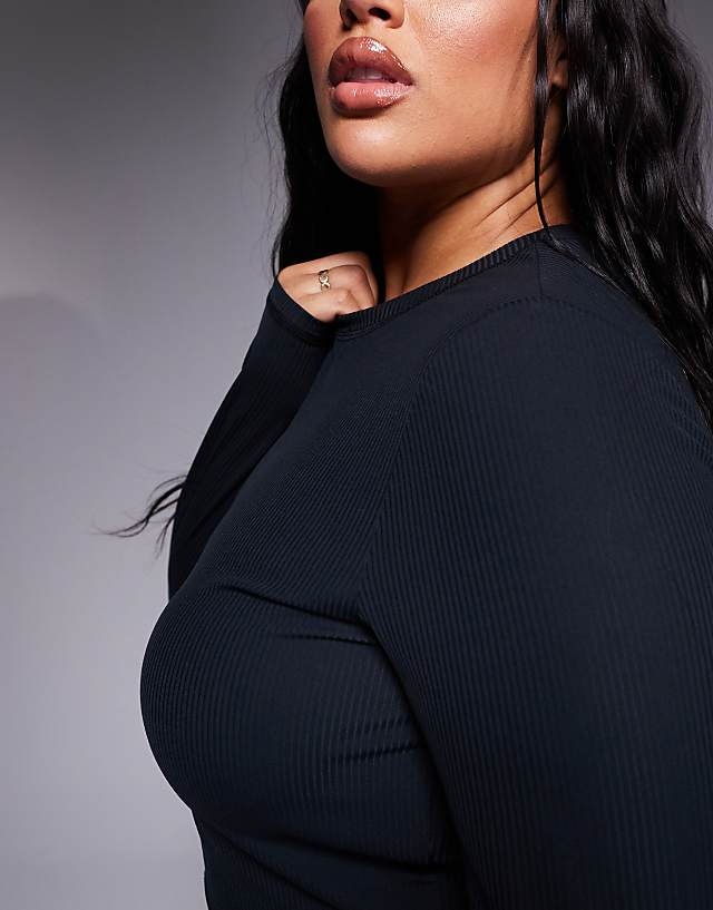Asos 4505 Curve Soft Touch Rib Cropped Long Sleeve In Black