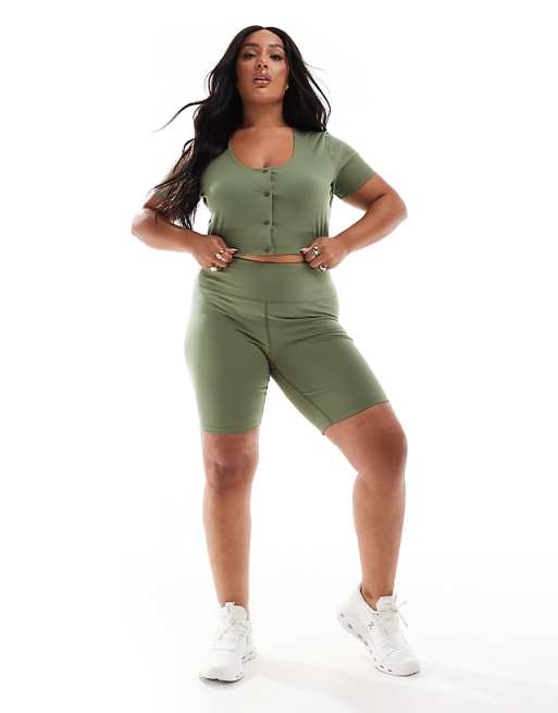 Asos 4505 Curve Studio Soft Touch Active Short Sleeve Cardigan In Khaki