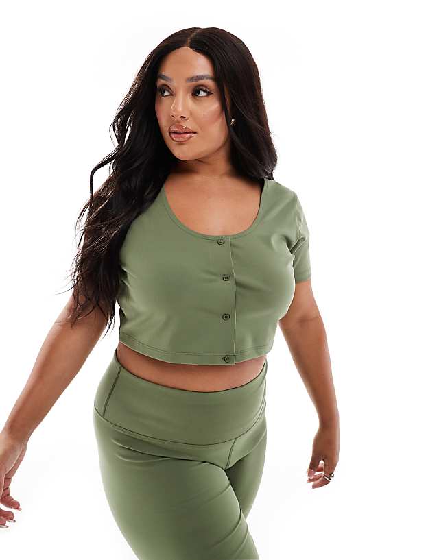 asos 4505 Curve Studio soft touch active short sleeve cardigan in khaki