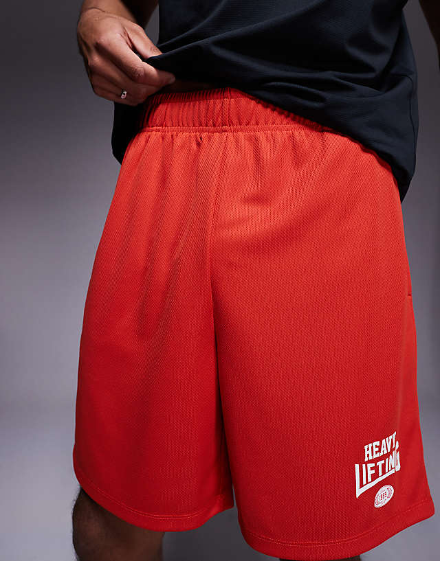 Asos 4505 Heavy Lifting Graphic Mesh Training Shorts In Red