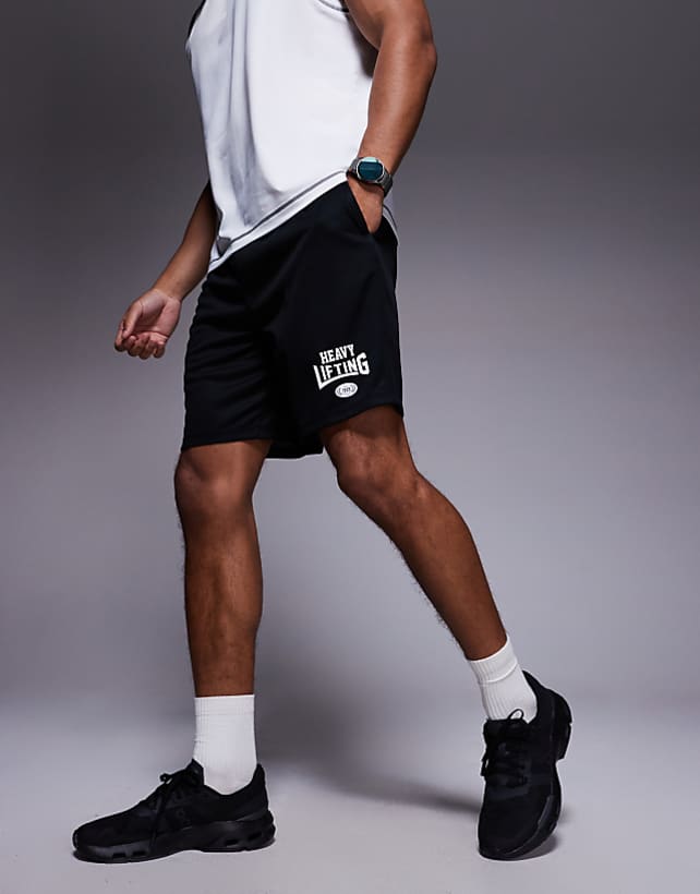 asos 4505 Heavy Lifting graphic mesh training shorts in black