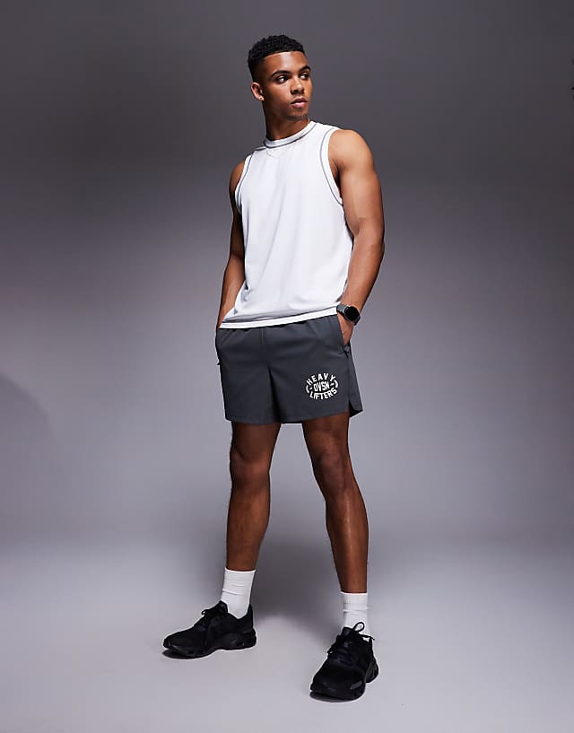Asos 4505 Heavy Lifting Graphic Training Shorts With Zip Pockets In Graphite