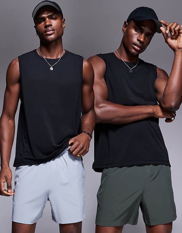 asos 4505 Icon 5 inch quick dry training shorts with zip pockets 2 pack in grey and khaki