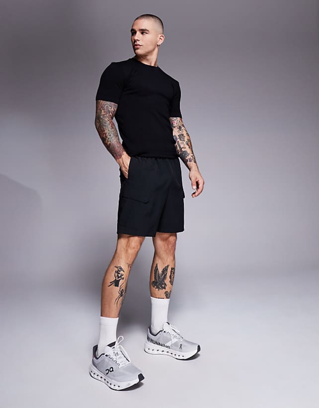 asos 4505 Icon 7 inch quick dry training cargo shorts with zip pockets in black