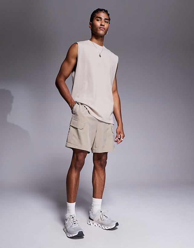 asos 4505 Icon 7 inch quick dry training cargo shorts with zip pockets in stone