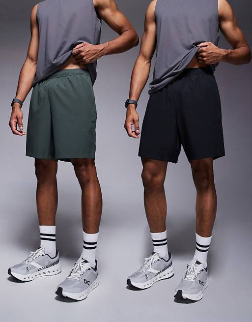 asos 4505 Icon 7 inch quick dry training short with zip pocket 2 pack in black and deep khaki