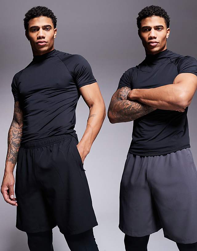 asos 4505 Icon 7 inch quick dry training shorts with zip pockets 2 pack in black and charcoal