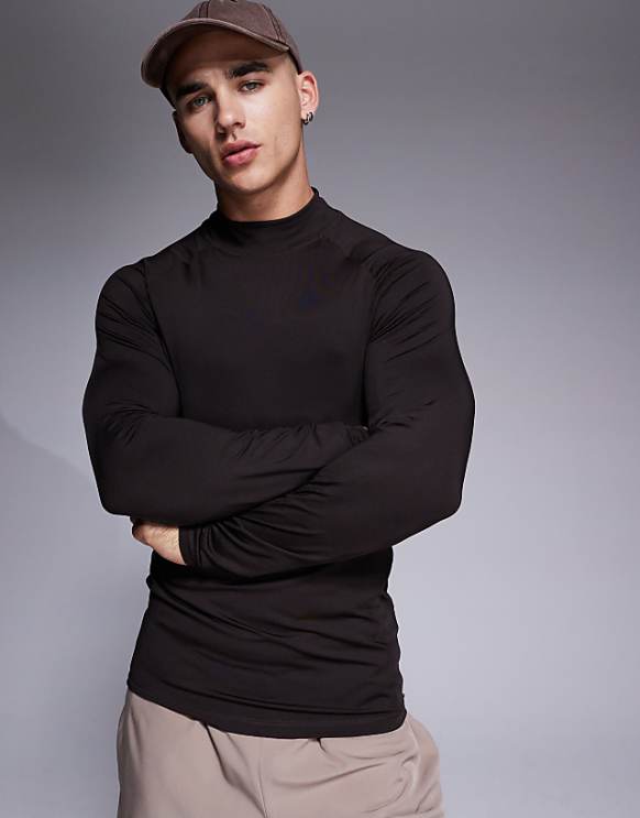 asos 4505 Icon active quick dry muscle fit base layer training long sleeve mock neck top in dark brown