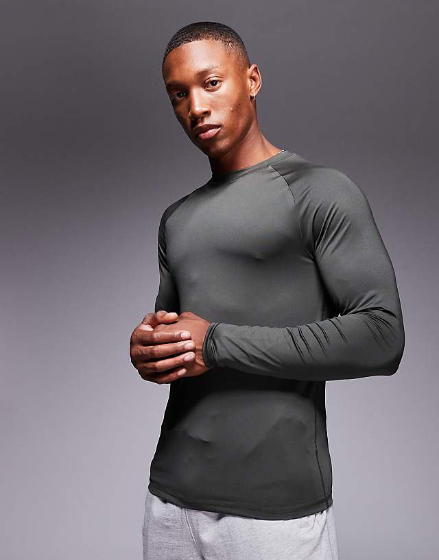 asos 4505 Icon active quick dry muscle fit base layer training long sleeve top in khaki