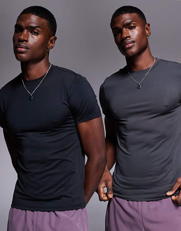 asos 4505 Icon active quick dry muscle fit base layer training t-shirt 2 pack in black and charcoal