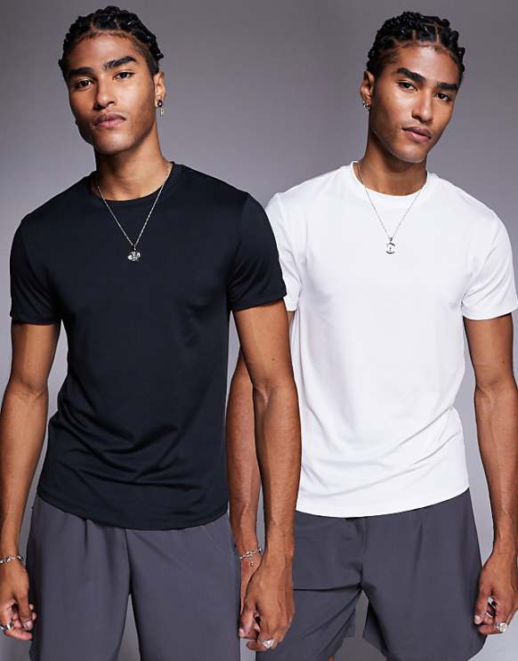 asos 4505 Icon active quick dry muscle fit base layer training t-shirt 2 pack in black and white