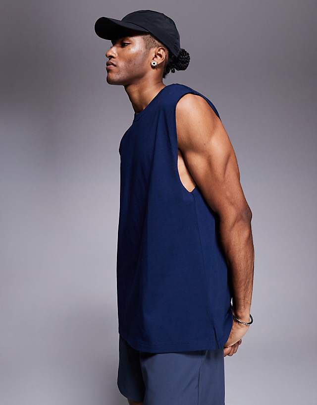 asos 4505 Icon cotton oversized pump training tank with quick dry finish in navy