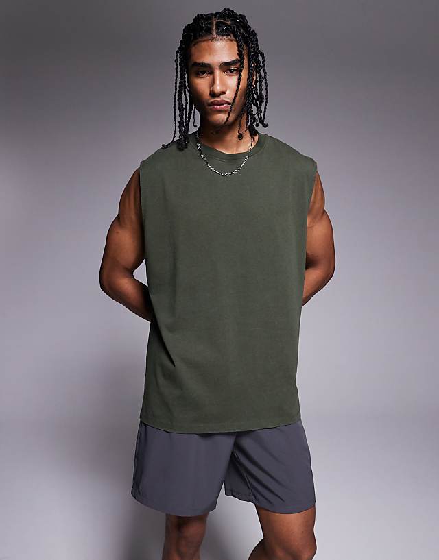 asos 4505 Icon cotton oversized pump training tank with quick dry finish in khaki