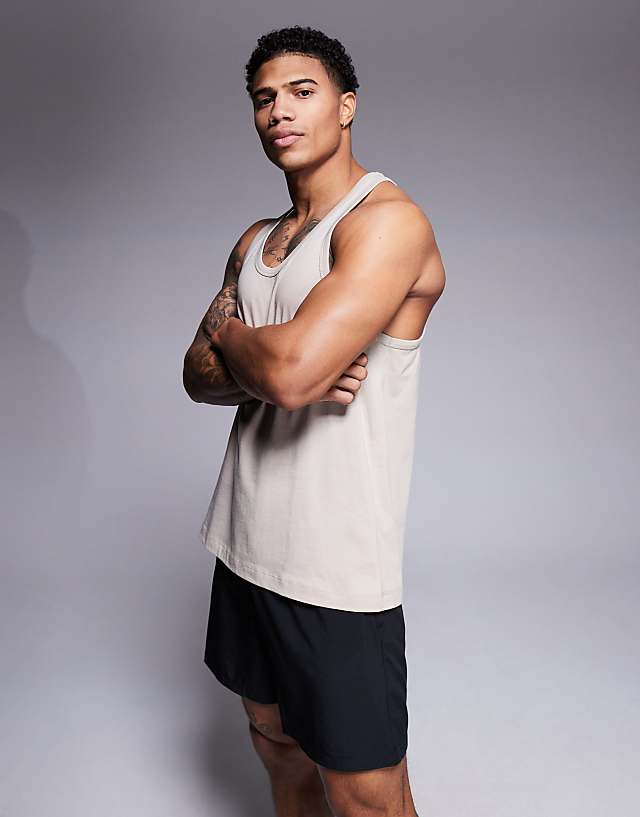 Asos 4505 Icon Cotton Stringer Vest With Quick Dry Finish In Taupe