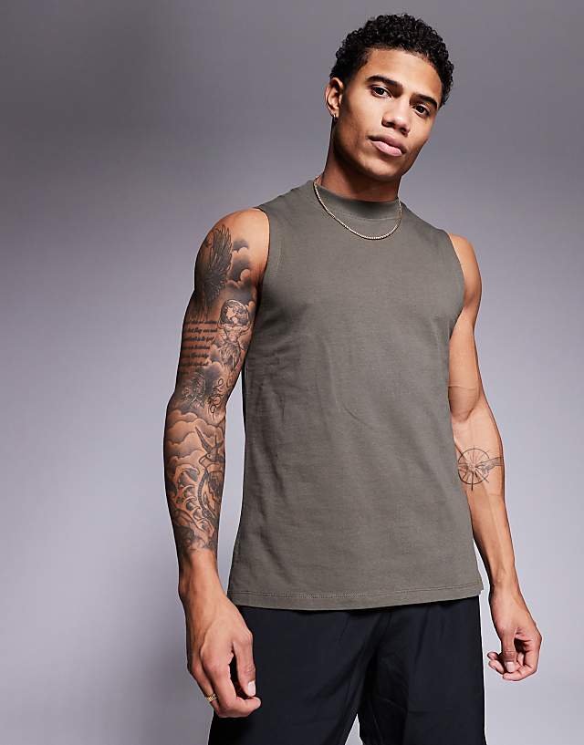 asos 4505 Icon cotton training vest with quick dry finish in khaki