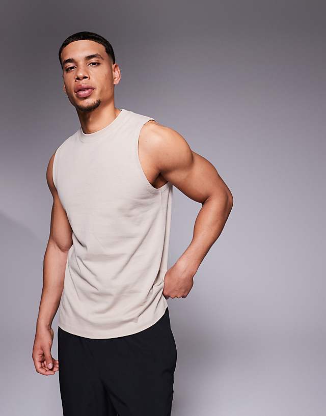 asos 4505 Icon cotton training vest with quick dry finish in stone