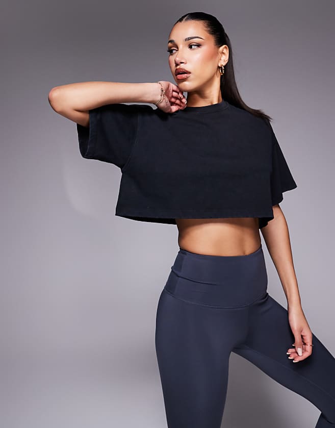asos 4505 Icon heavyweight cotton cropped t-shirt with quick dry finish in washed black