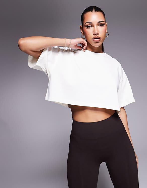 asos 4505 Icon heavyweight cotton cropped t-shirt with quick dry finish in off white