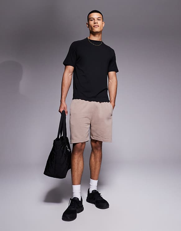 asos 4505 Icon heavyweight cotton sweat shorts with quick dry finish in washed stone