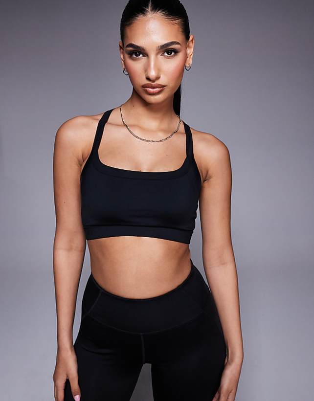 asos 4505 Icon medium support square neck sports bra with adjustable straps in black