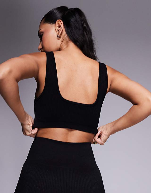 Asos 4505 Icon Mid Impact Seamless Rib Sports Bra With Square Neck In Black