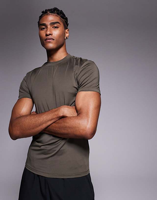 Asos 4505 Icon Muscle Fit Training T-shirt With Quick Dry In Khaki