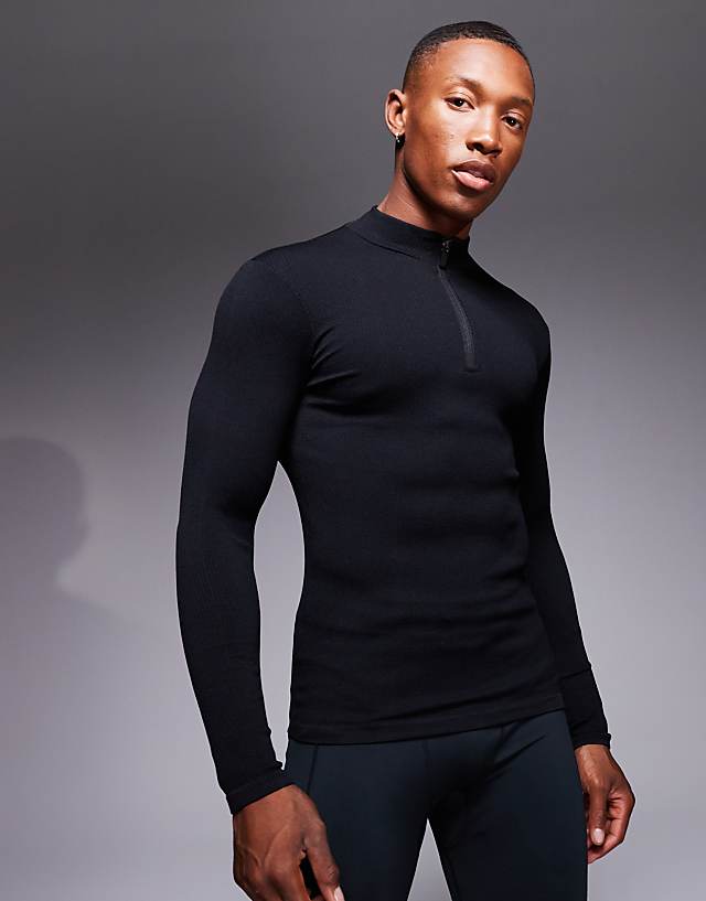 Asos 4505 Icon Performance Muscle Fit Seamless Rib Long Sleeve 1/4 Zip In Black