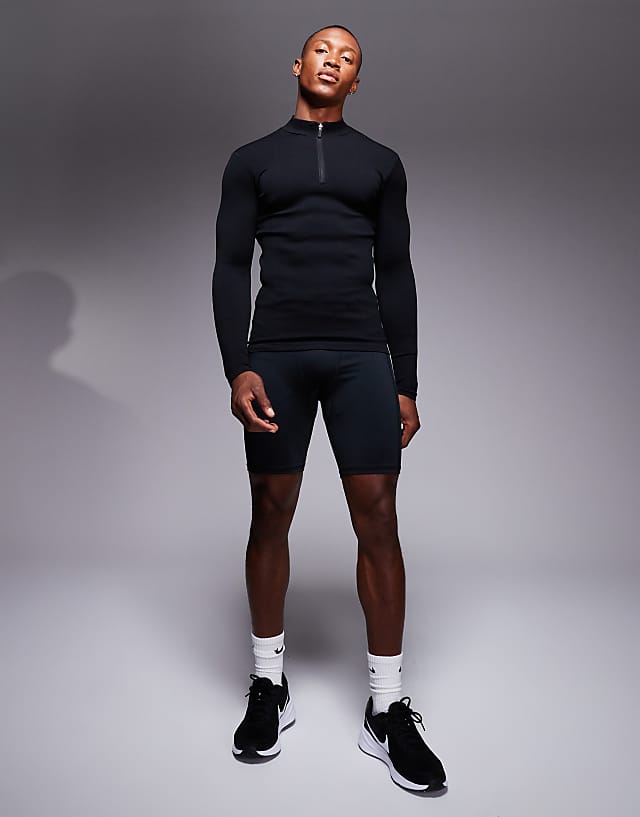 Asos 4505 Icon Performance Muscle Fit Seamless Rib Long Sleeve 1/4 Zip In Black