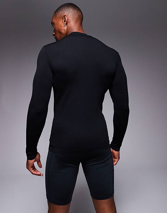 Asos 4505 Icon Performance Muscle Fit Seamless Rib Long Sleeve 1/4 Zip In Black