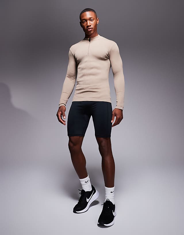 Asos 4505 Icon Performance Muscle Fit Seamless Rib Long Sleeve 1/4 Zip In Taupe Grey