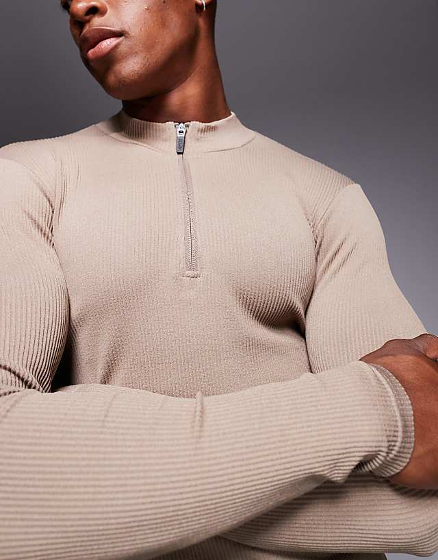 Asos 4505 Icon Performance Muscle Fit Seamless Rib Long Sleeve 1/4 Zip In Taupe Grey