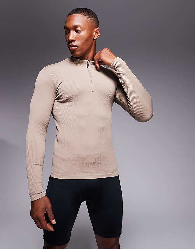 asos 4505 Icon performance muscle fit seamless rib long sleeve 1/4 zip in taupe grey