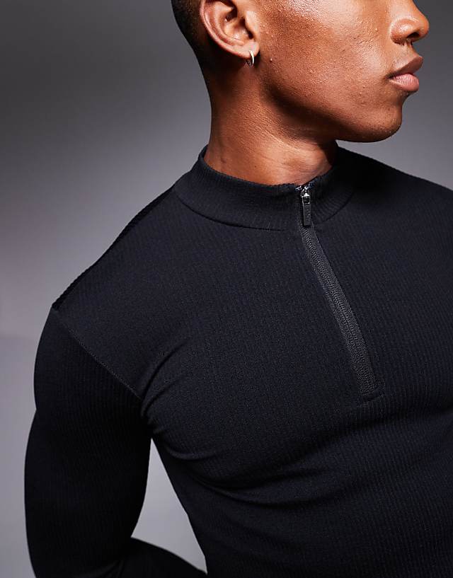 asos 4505 Icon performance muscle fit seamless rib long sleeve 1/4 zip in black
